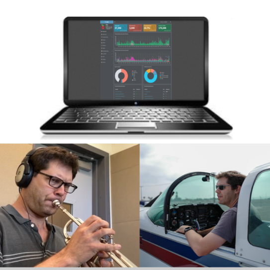 James in three different settings - top is a laptop with a website console. Bottom left - recording trumpet in a booth at SBCC. Bottom Right - looking out from the cockpit of an AA-5B Tiger airplane.